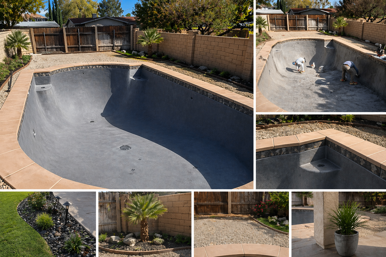 Custom pool build — shotcrete shell, bond beam tile, and surrounding landscape