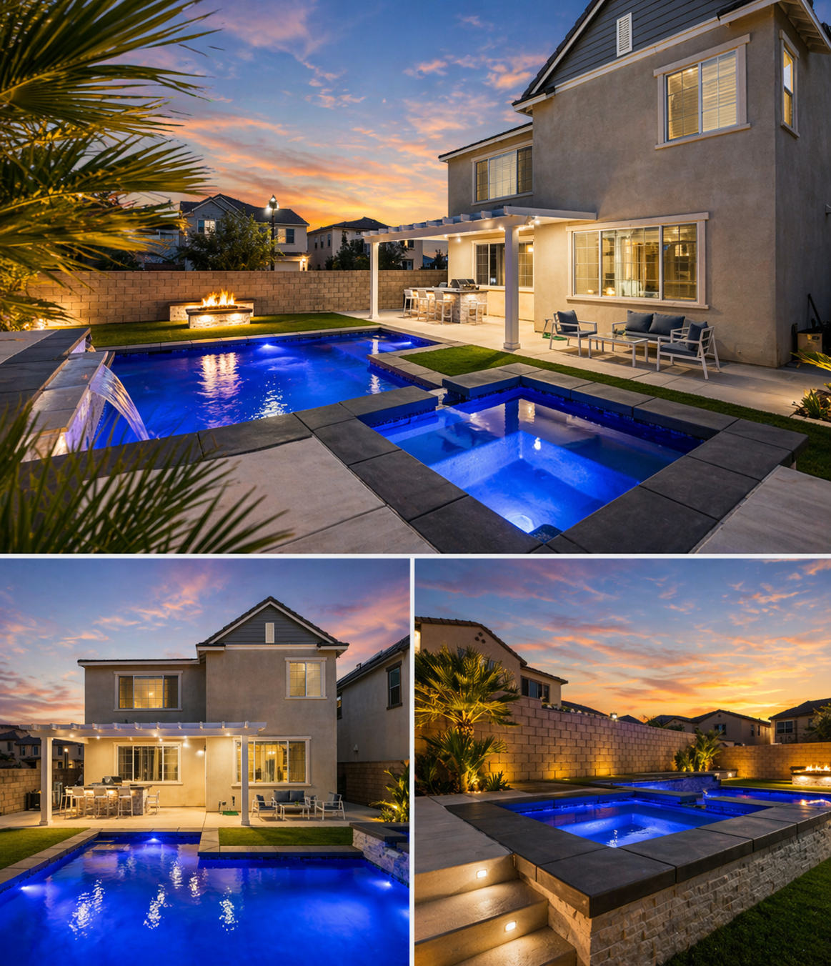 Backyard pool, spa, fire bowl, and pergola dining area at sunset
