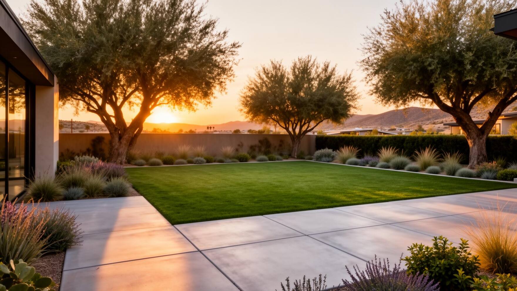 Modern luxury landscape with manicured lawn and concrete patio at sunset